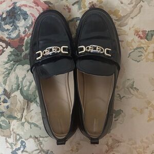 Sam Edelman Black Patent Loafers with Gold-Tone Chain
